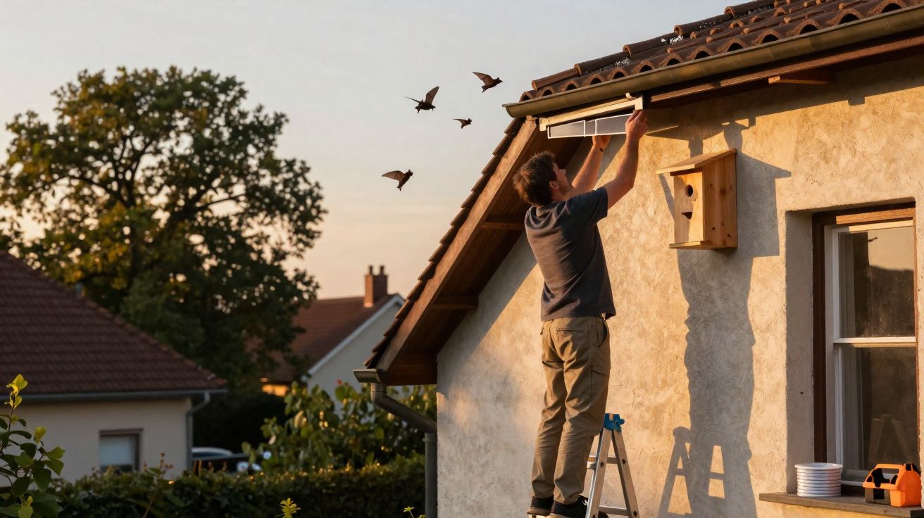 Homem em escada instala caixa de pássaros na parede de casa ao pôr do sol, com pássaros voando ao fundo.