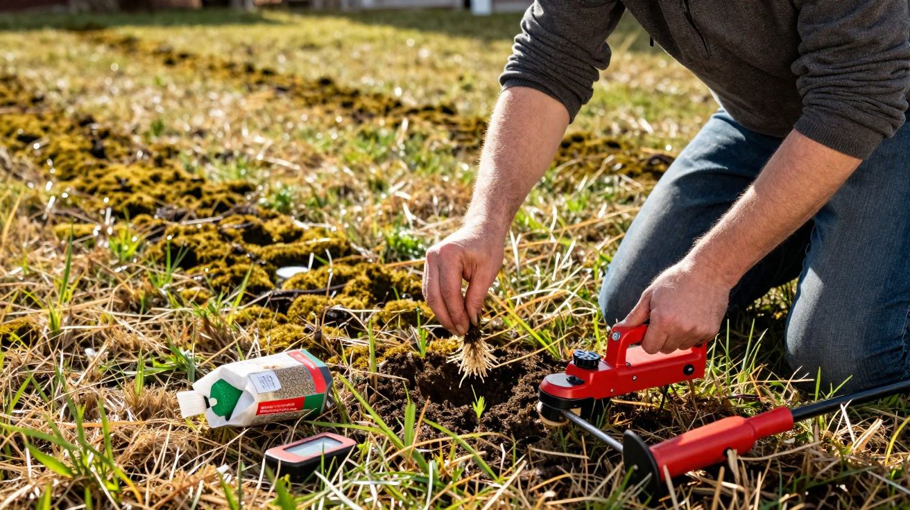 Pessoa com ferramenta vermelha em joelhos trabalhando em solo de campo com grama seca e verdinha.