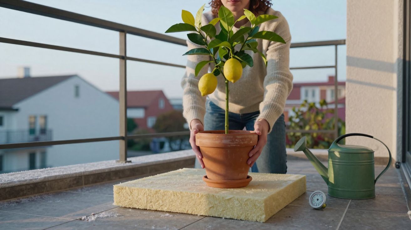 Pessoa colocando vaso com planta de limão em varanda com regador verde ao lado.