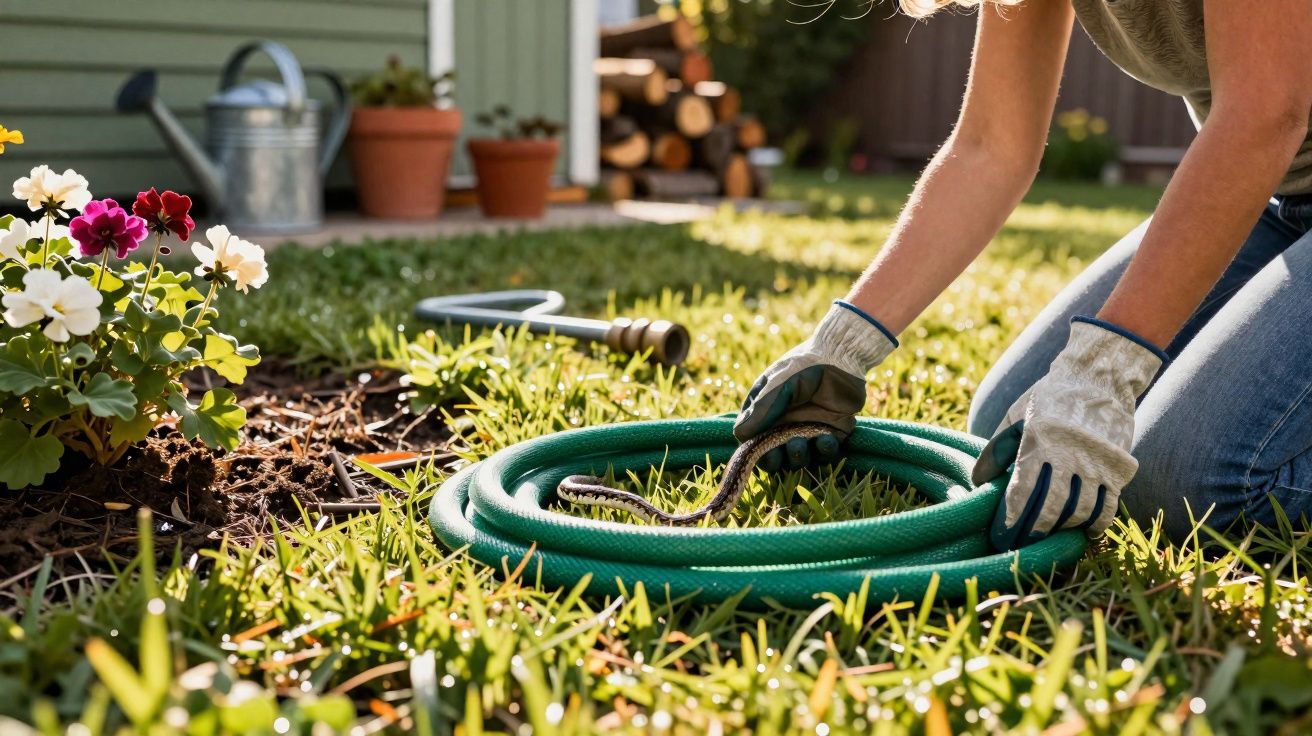 Pessoa com luvas removendo uma cobra de jardim perto de mangueira enrolada e flores coloridas.