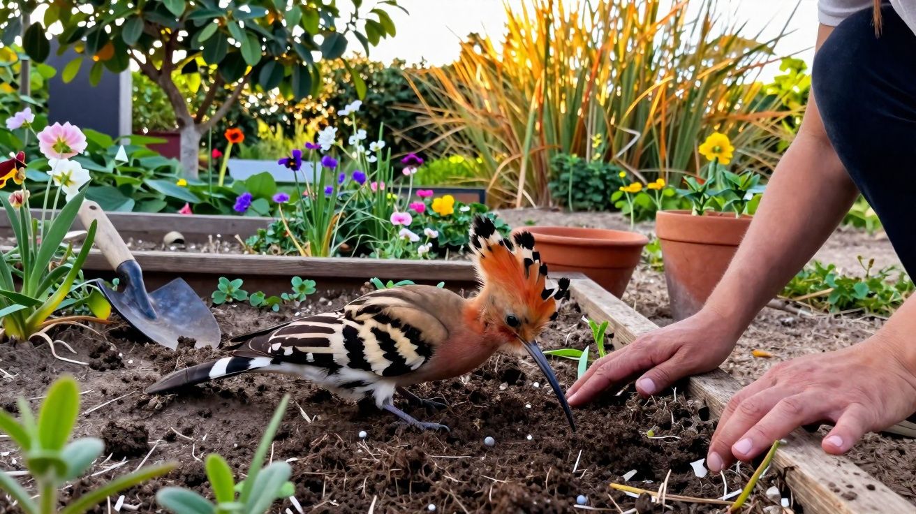 Pássaro colorido com crista em canteiro de flores com mãos humanas plantando ao lado.