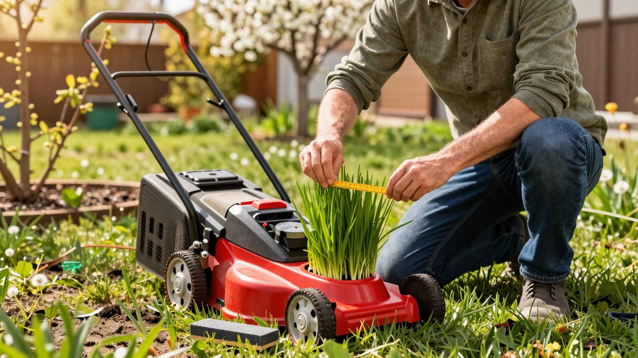Homem medindo altura da grama com fita métrica ao lado de cortador vermelho em jardim.