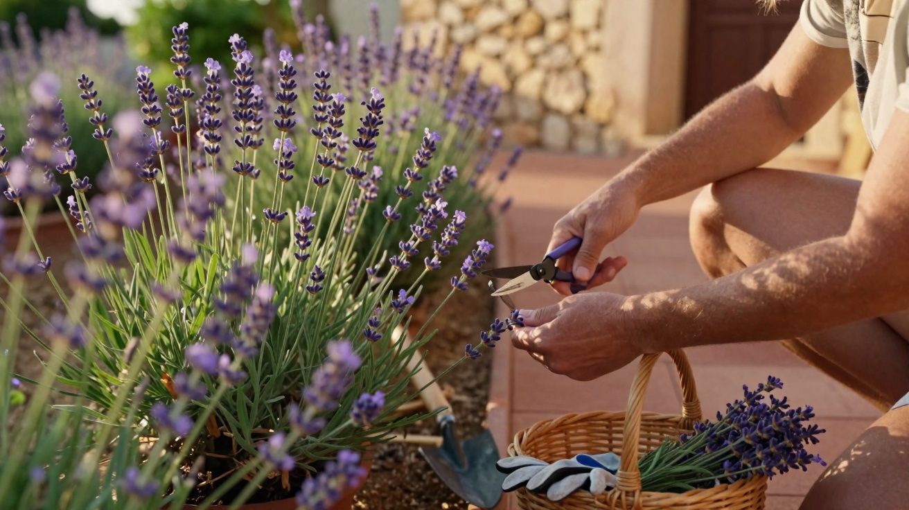 Pessoa colhendo flores de lavanda em cesta de vime em jardim ensolarado.