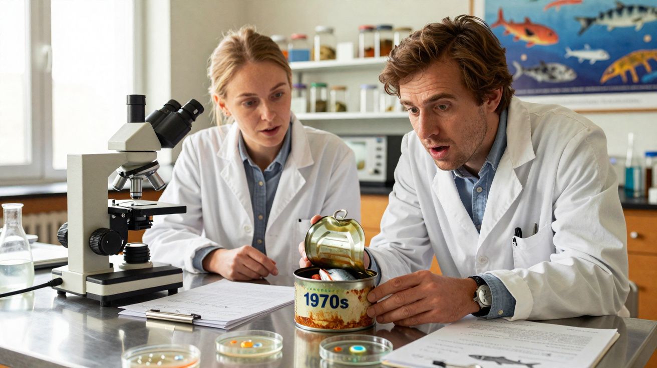 Dois cientistas em laboratório observam peixes enlatados datados de 1970s em uma latinha aberta.