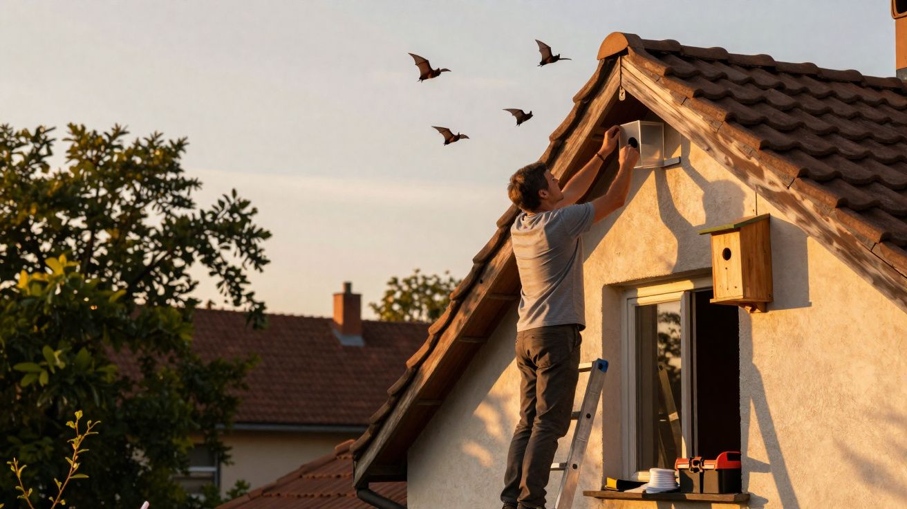 Homem em escada instalando luz na parede externa de casa ao entardecer, com morcegos voando ao fundo.