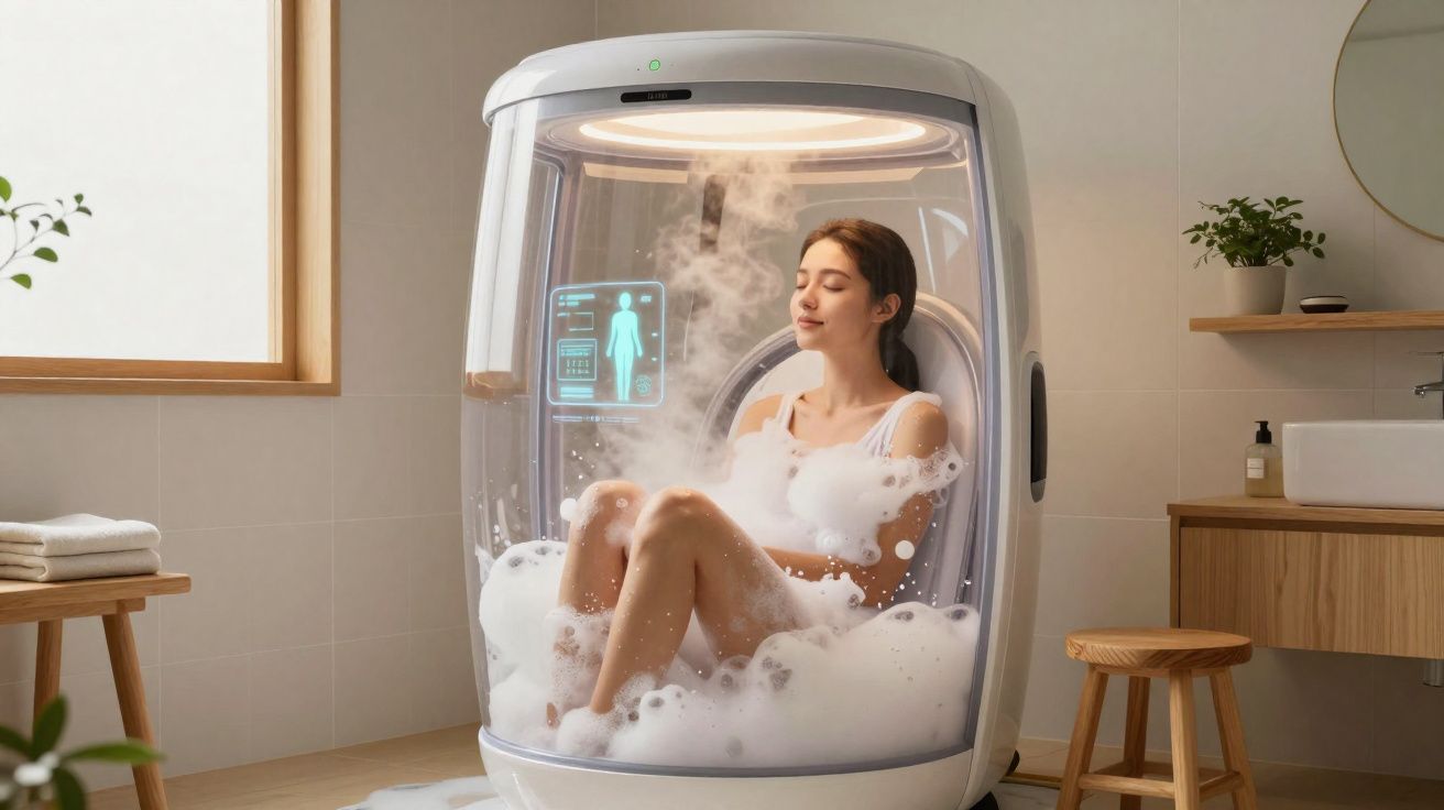 Mulher relaxando em cápsula de banho de espuma com vapor em banheiro moderno e iluminado