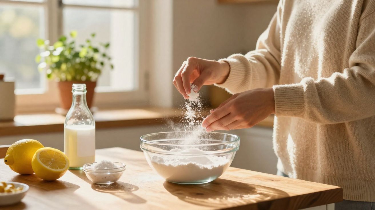 Pessoa adicionando farinha em tigela de vidro sobre mesa com limões, leite e sal próximo à janela iluminada.