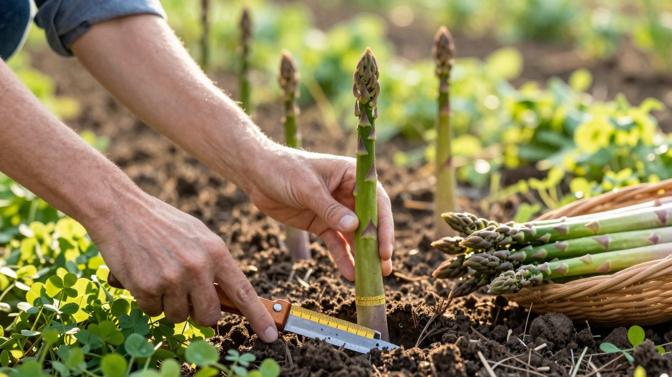 Mãos colhendo aspargos frescos na terra com uma faca e cesta ao fundo no jardim.