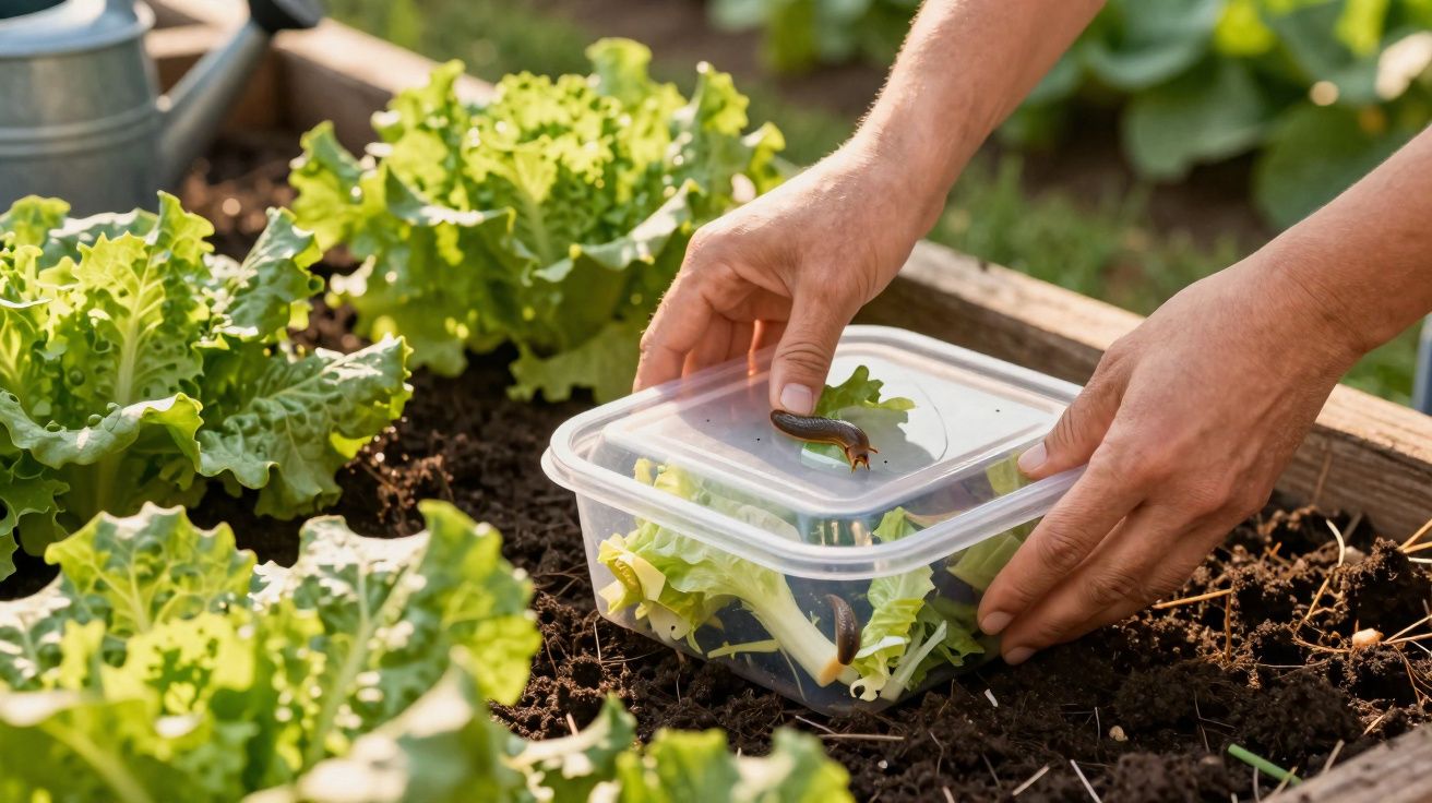 Mãos prendendo uma lesma em pote transparente em canteiro de alface em horta caseira.