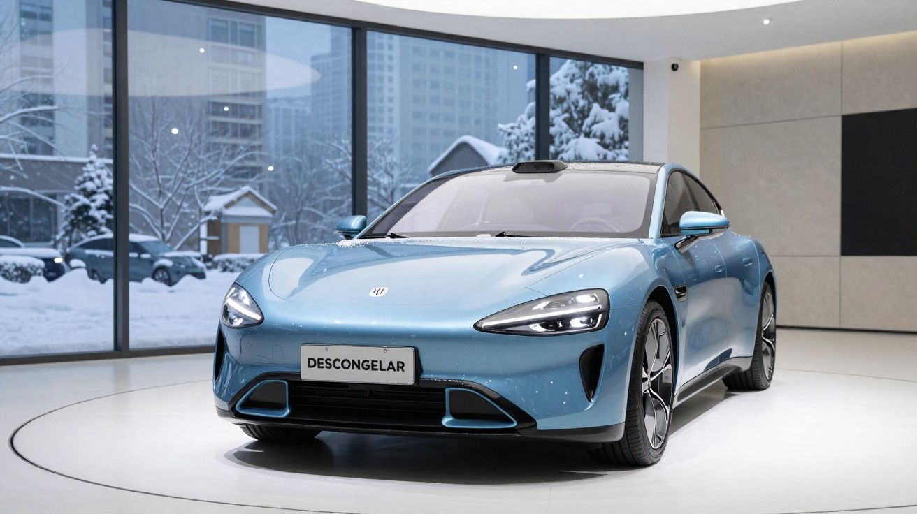 Carro esportivo azul claro moderno exposto em showroom com neve visível do lado de fora das janelas de vidro.