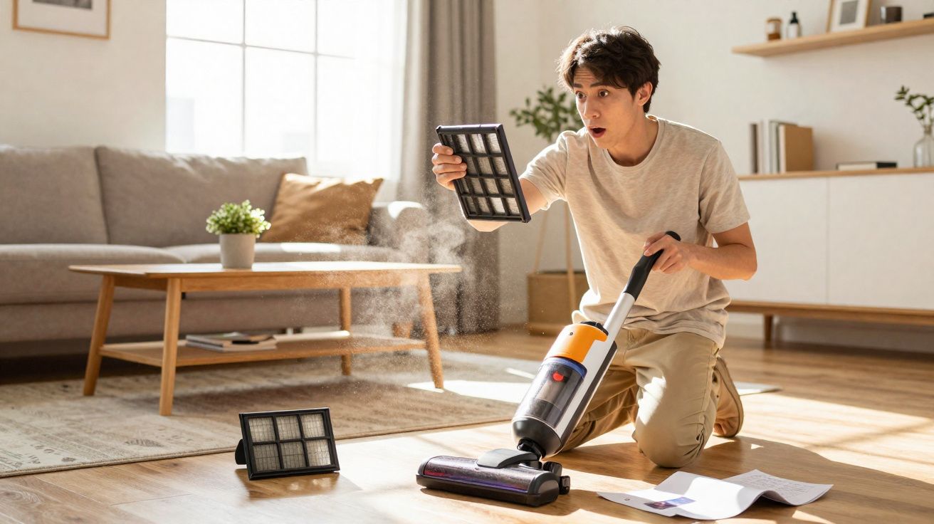 Jovem surpreso retira filtro cheio de sujeira ao limpar chão com aspirador em sala clara e organizada.