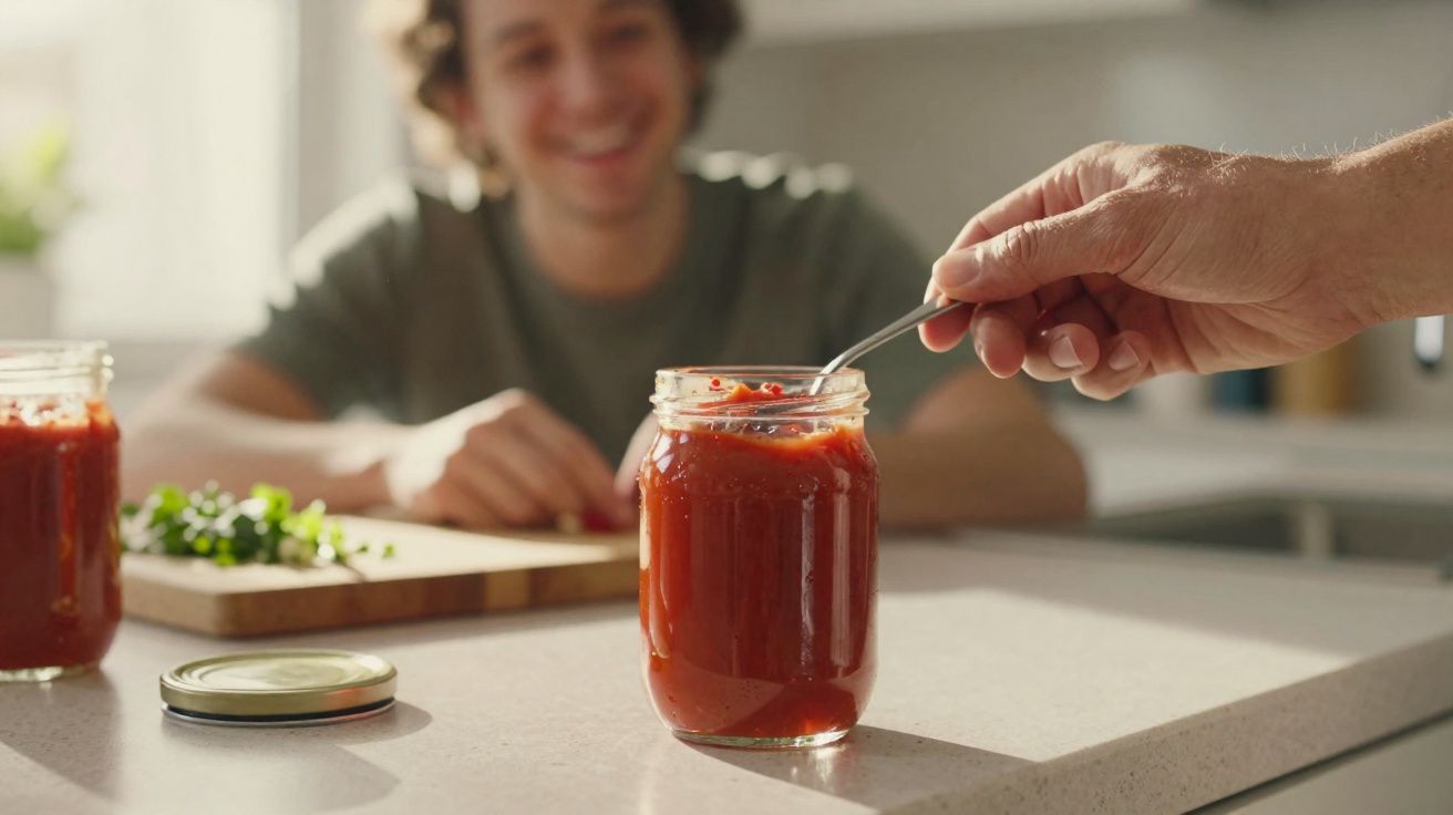 Pessoa pegando molho vermelho de vidro com colher em cozinha, jovem sorrindo ao fundo desfocado.