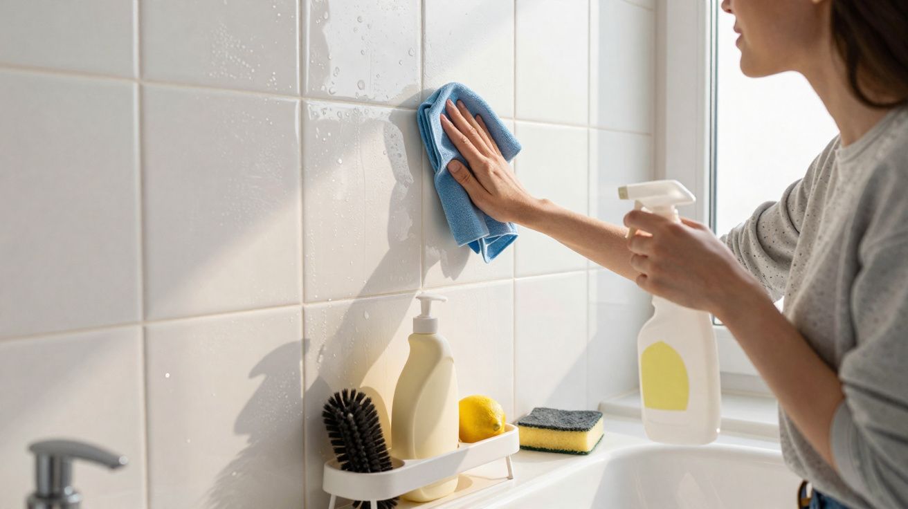 Pessoa limpando azulejos brancos no banheiro com pano azul e spray de limpeza.