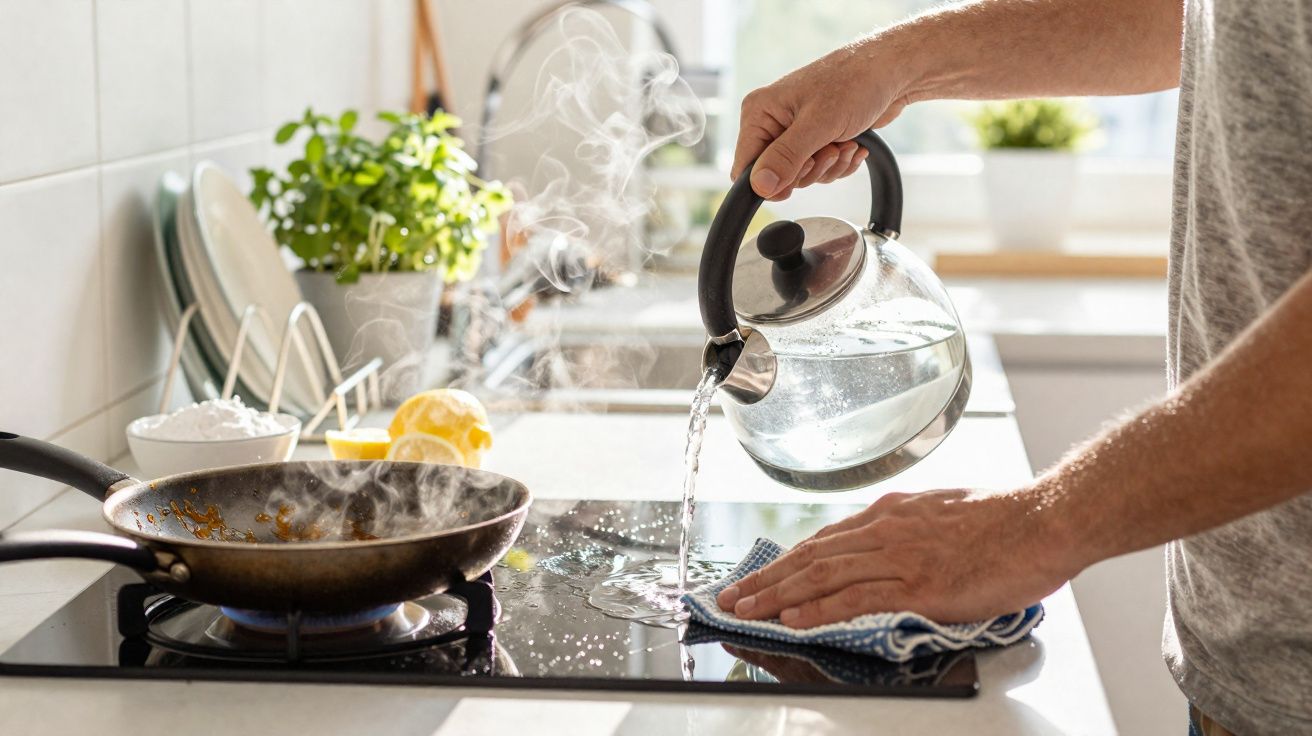 Pessoa despejando água quente de chaleira em fogão enquanto limpa superfície na cozinha iluminada.