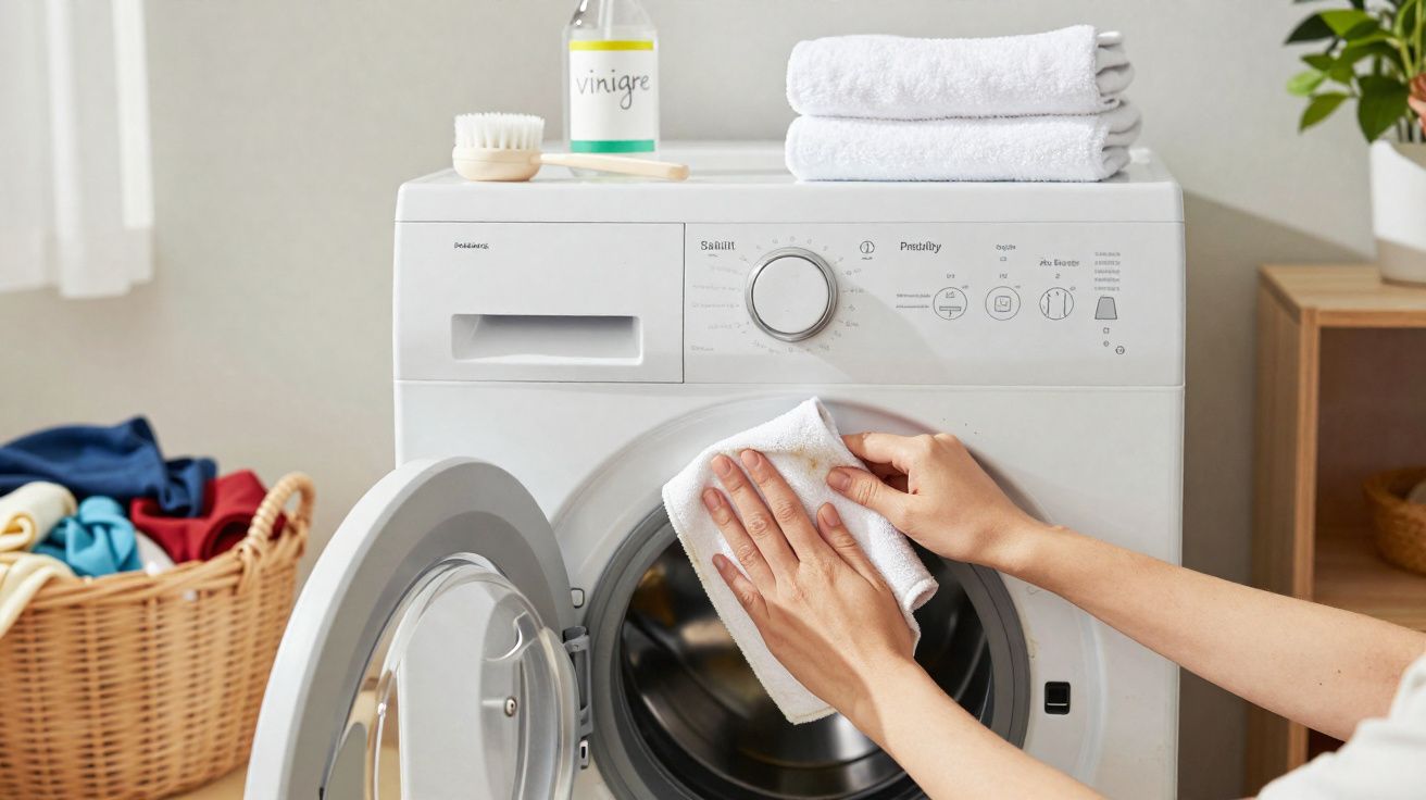 Pessoa limpando interior de máquina de lavar roupa branca com pano branco.
