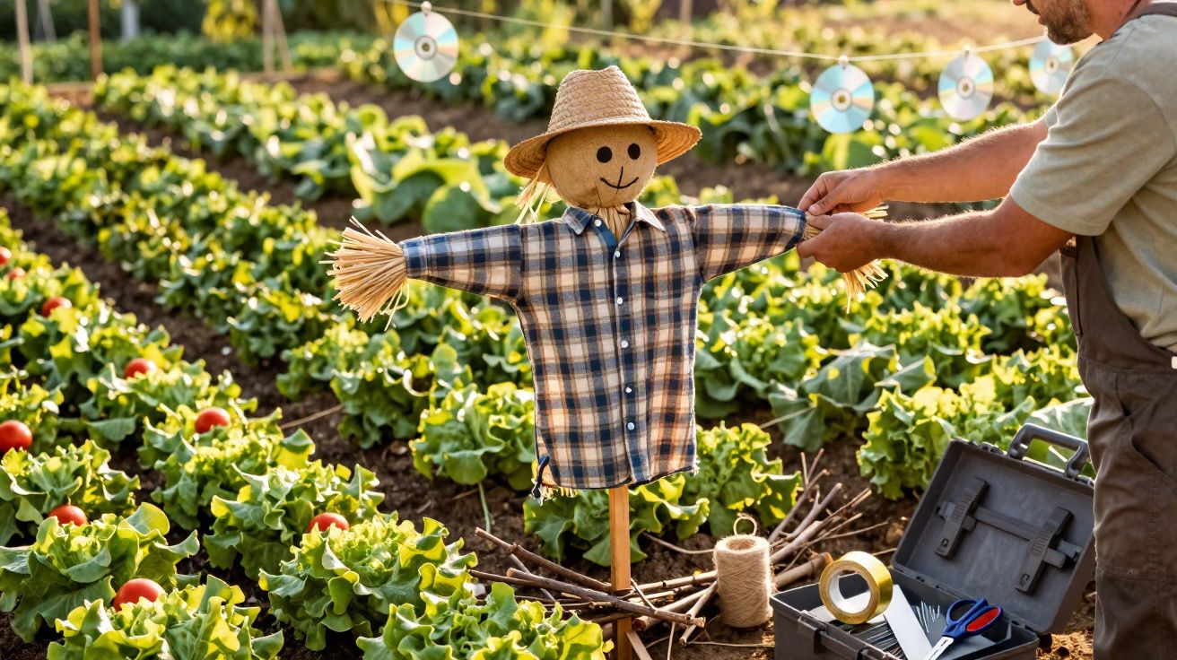 Espantalho de palha com camisa xadrez e chapéu em horta, ao lado de homem ajustando o boneco.