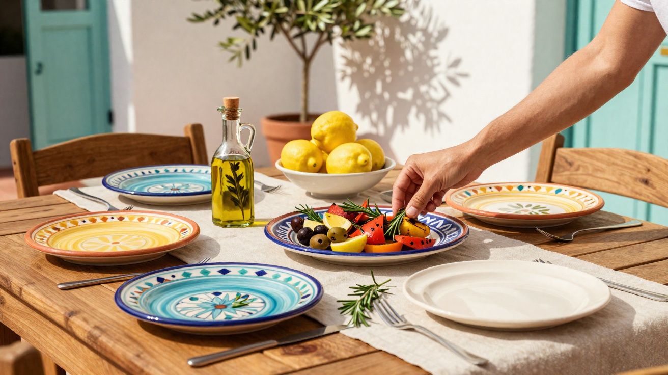 Mesa de madeira posta com pratos coloridos, azeite, limões e salada, em ambiente ao ar livre.