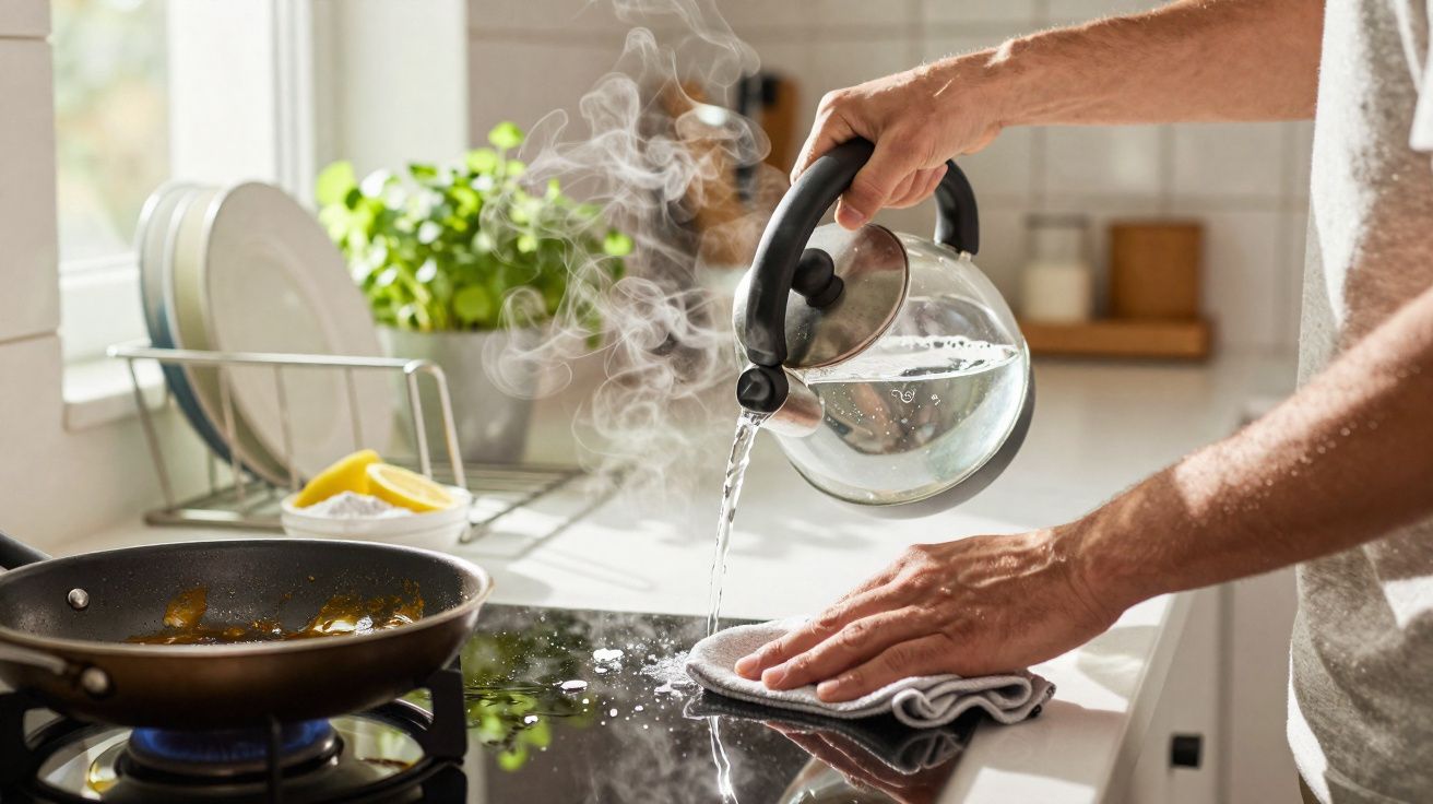 Pessoa despejando água quente de chaleira para limpar fogão na cozinha iluminada pela luz natural.