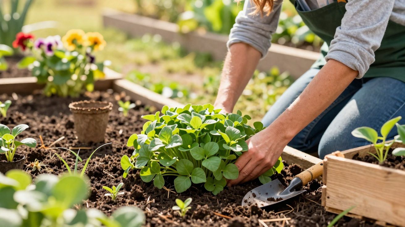 Pessoa plantando muda de planta em canteiro de terra em horta caseira com flores ao fundo.