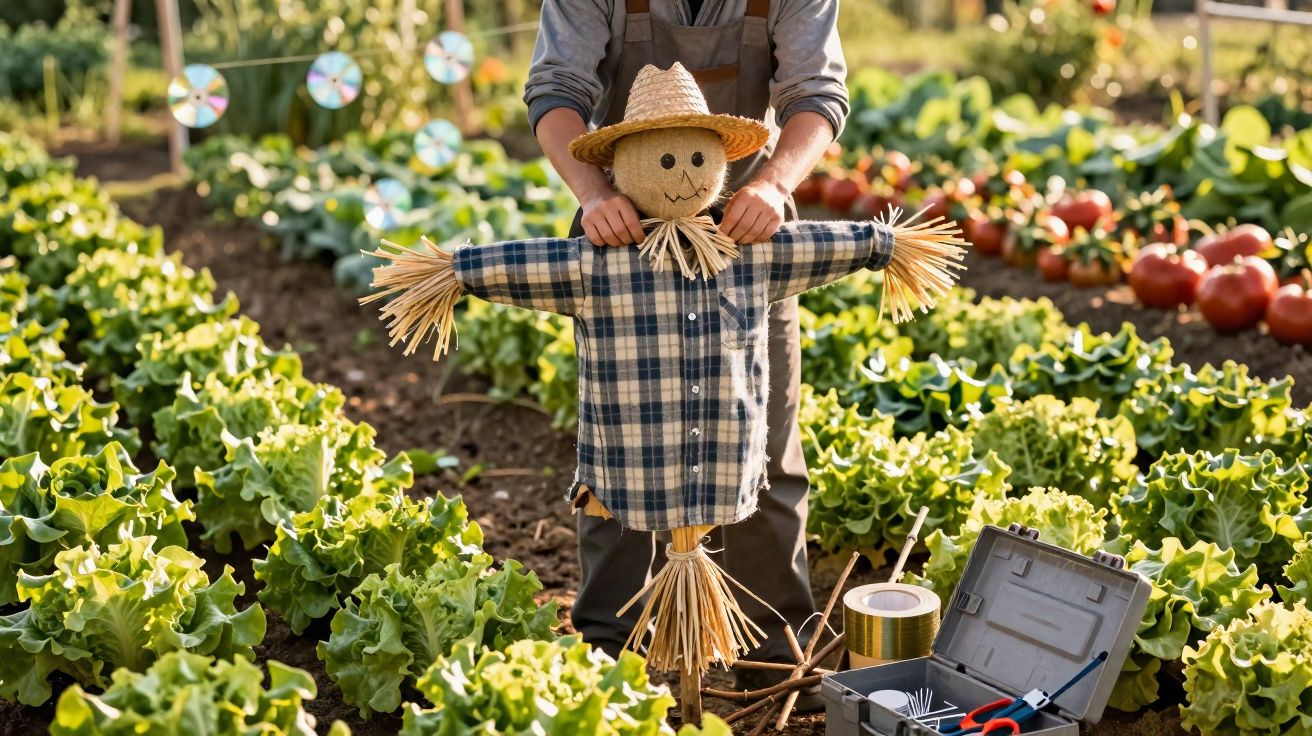 Espantalho vestido com camisa xadrez e chapéu de palha em horta com alface e tomate, com caixa de ferramentas ao lado.