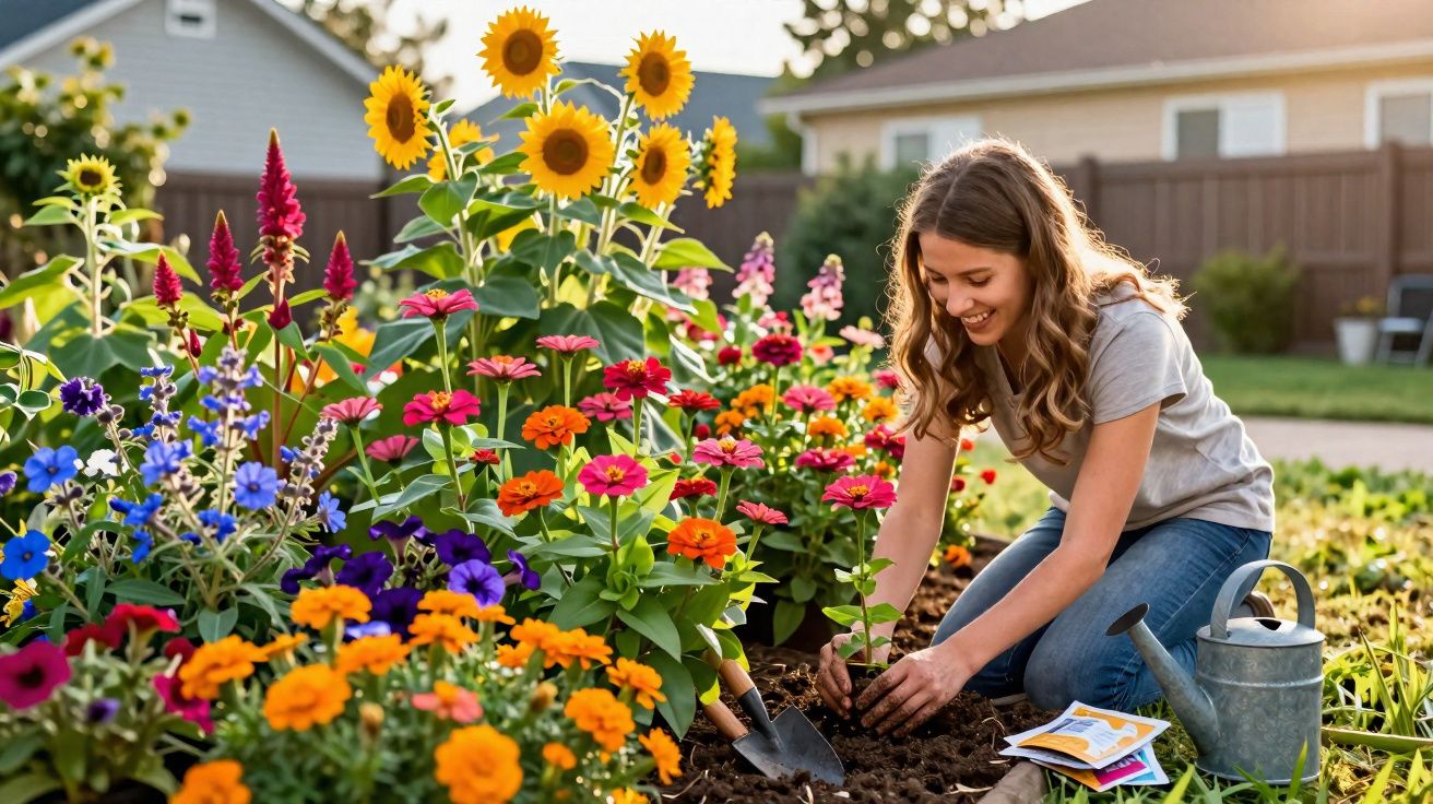 Jovem jardineira sorridente plantando flores coloridas em um jardim ensolarado e bem cuidado.