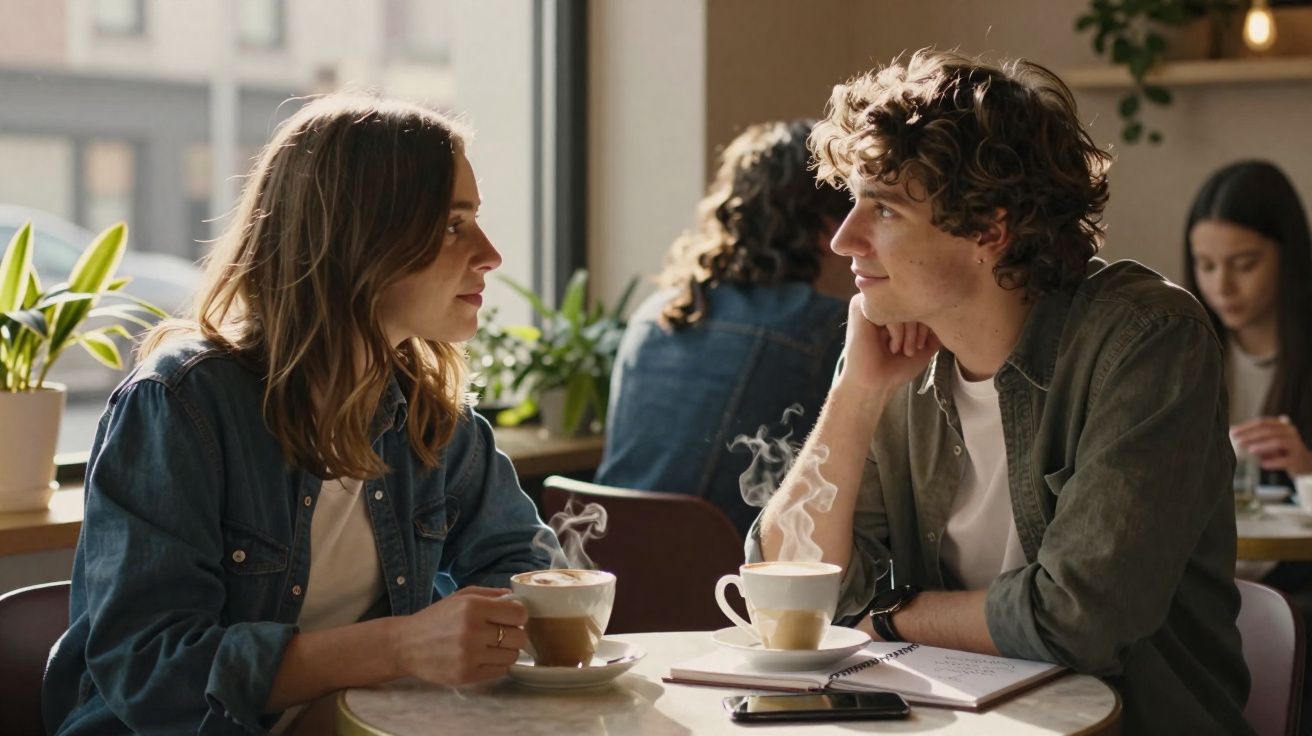 Casal jovem conversando e tomando café em cafeteria com plantas ao fundo.