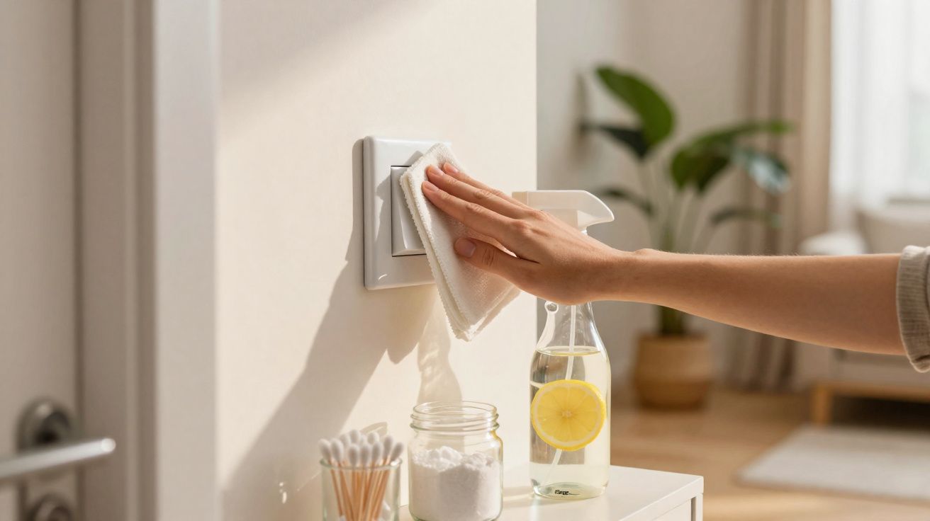 Mão limpando interruptor de luz com pano, ao lado de frasco com spray, algodão e cotonetes.