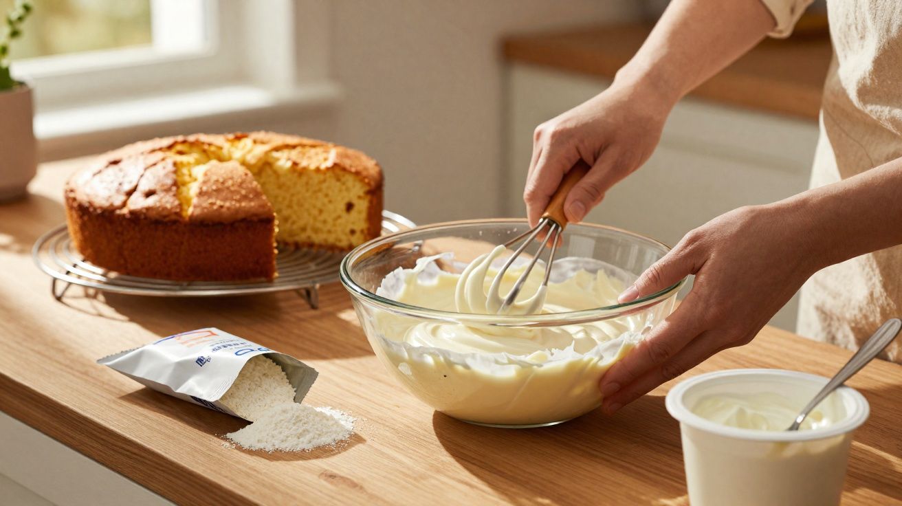 Pessoa batendo creme em bowl de vidro com bolo de fubá e sacola de coco ralado sobre bancada de madeira clara.