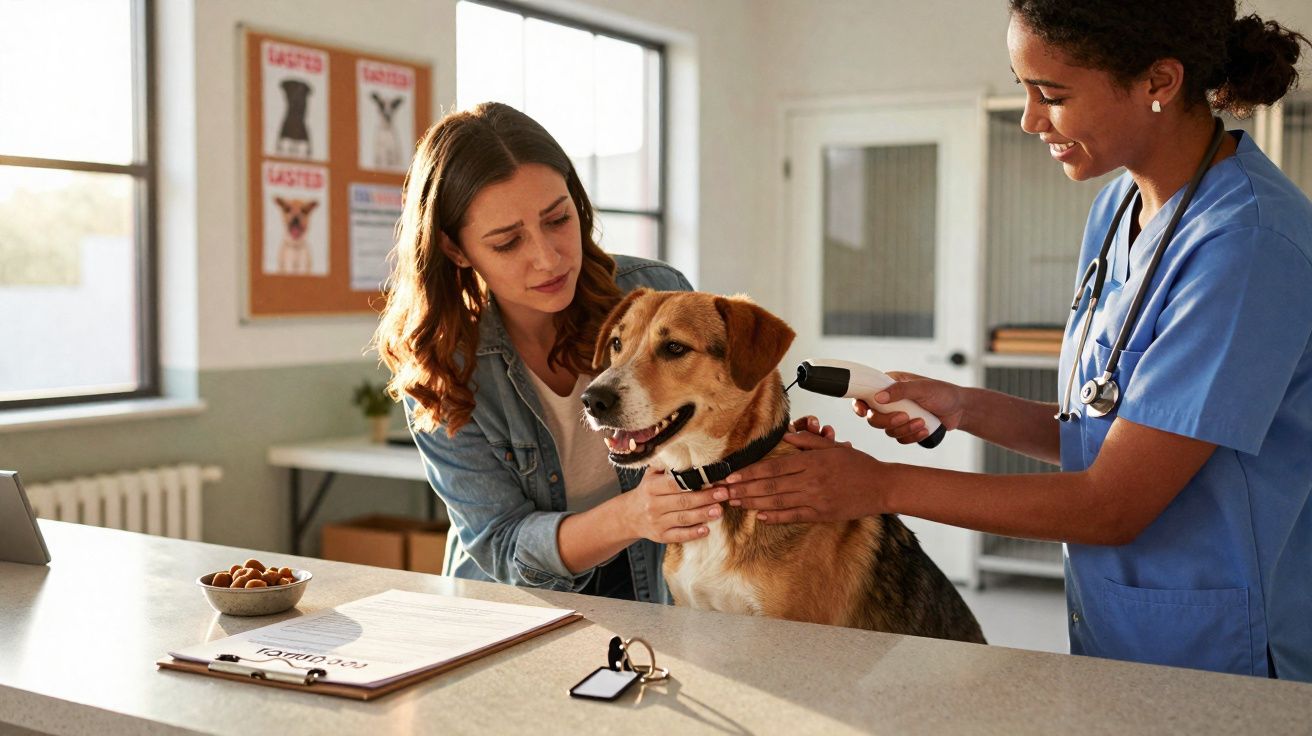 Mulher e veterinária examinando cachorro em clínica veterinária, com ambiente iluminado e acolhedor.
