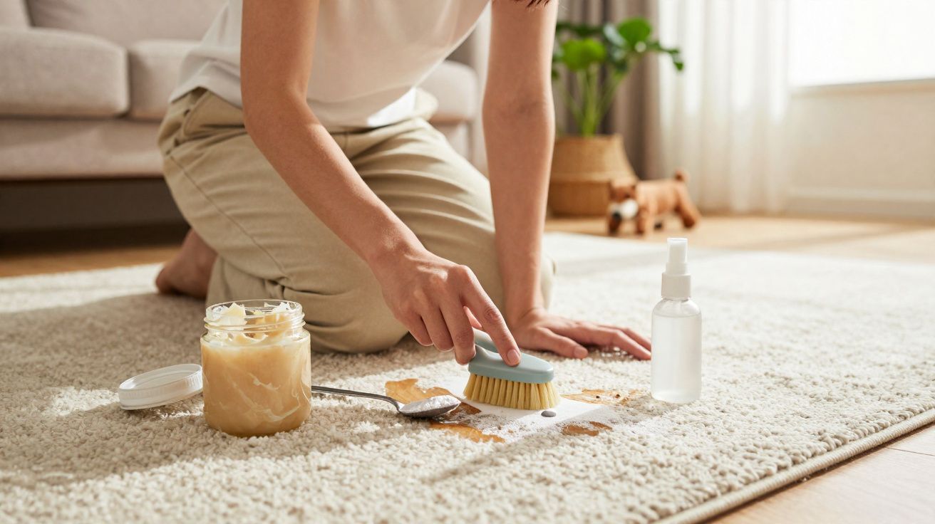 Pessoa limpando mancha em tapete bege com escova, detergente e borrifador em sala iluminada.
