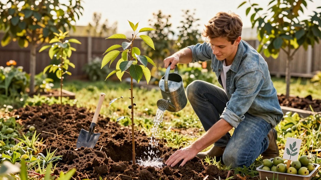 Jovem regando uma muda de planta em jardim ensolarado com pá cravada no solo próximo.