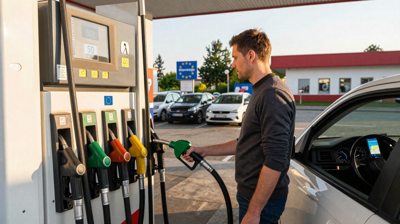 Homem abastecendo carro em posto de combustível ao entardecer com várias bombas de gasolina coloridas.