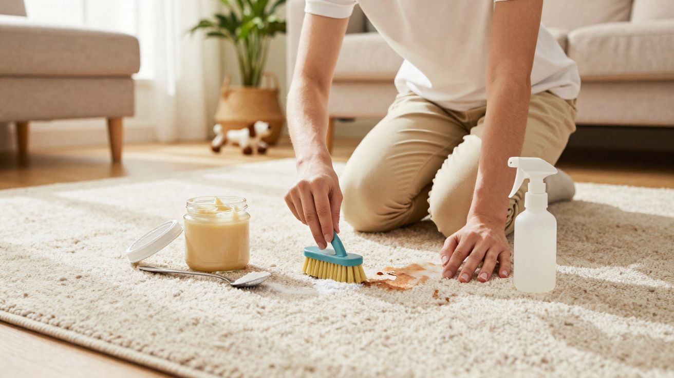 Pessoa usando escova para limpar mancha em tapete claro com produtos de limpeza ao lado em sala iluminada.