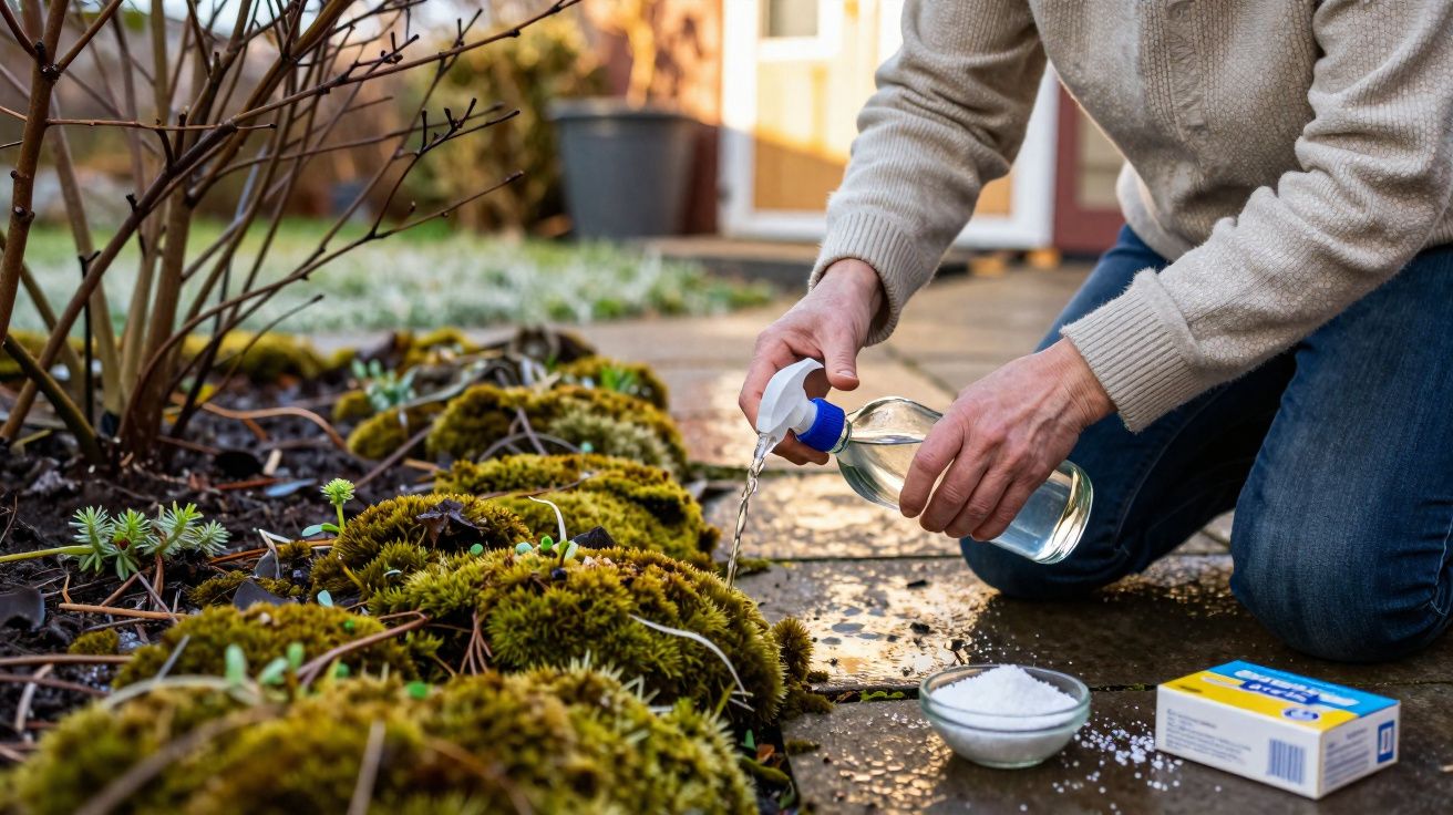 Pessoa derramando vinagre em plantas com musgo em jardim, ao lado de um pote de sal grosso e caixa de bicarbonato.