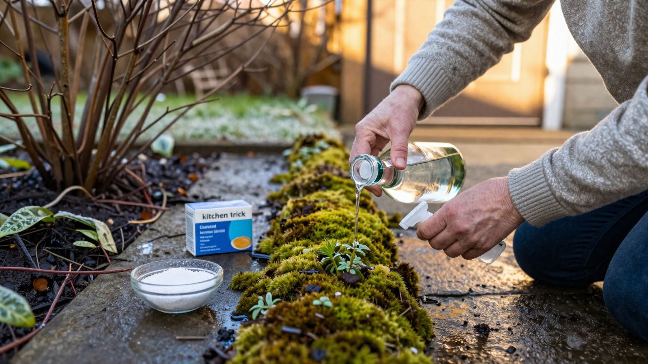 Pessoa regando pequenas plantas e musgo em um jardim com regador de vidro.