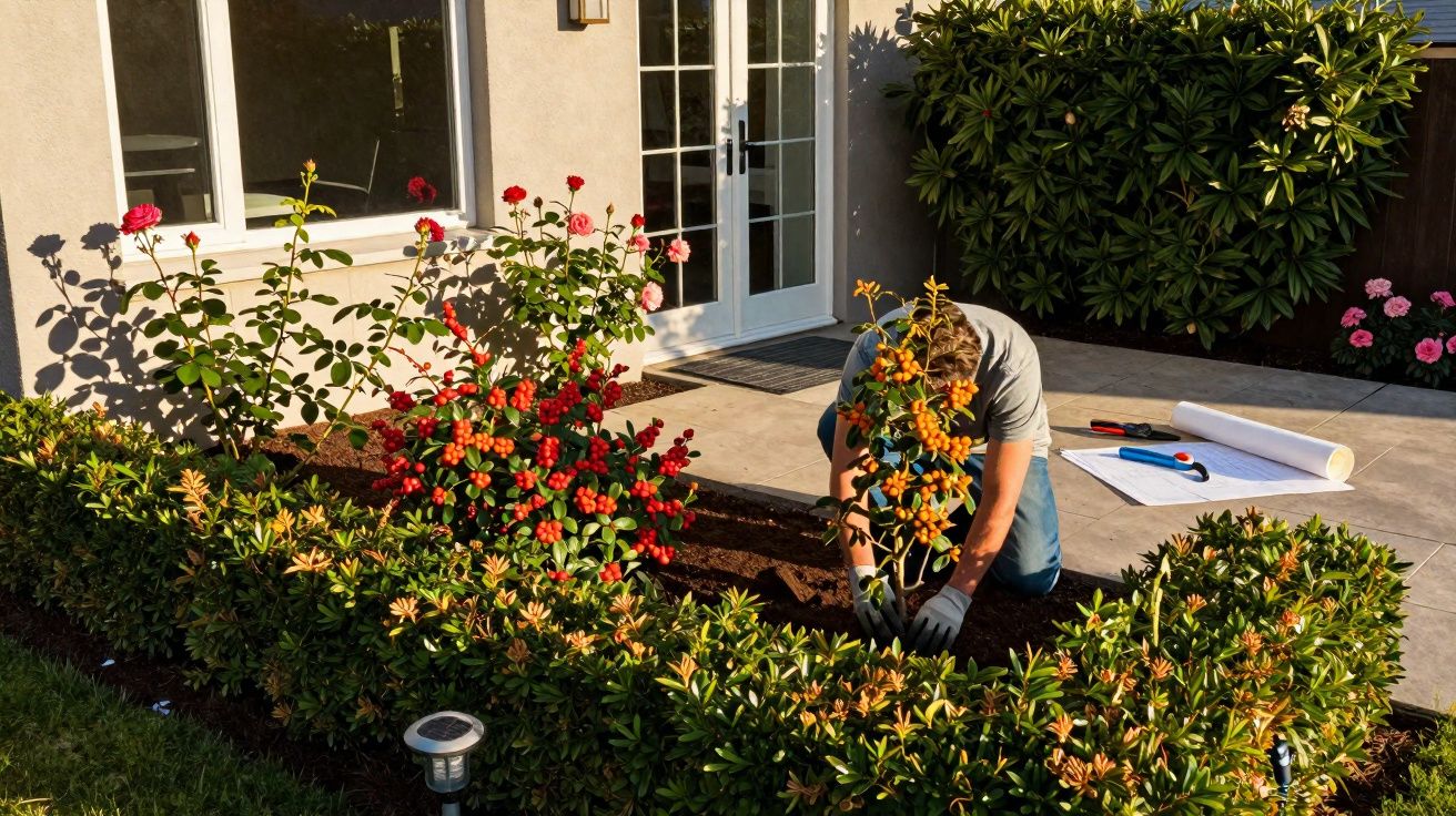 Pessoa plantando arbusto florido em jardim próximo à entrada de casa em dia ensolarado.