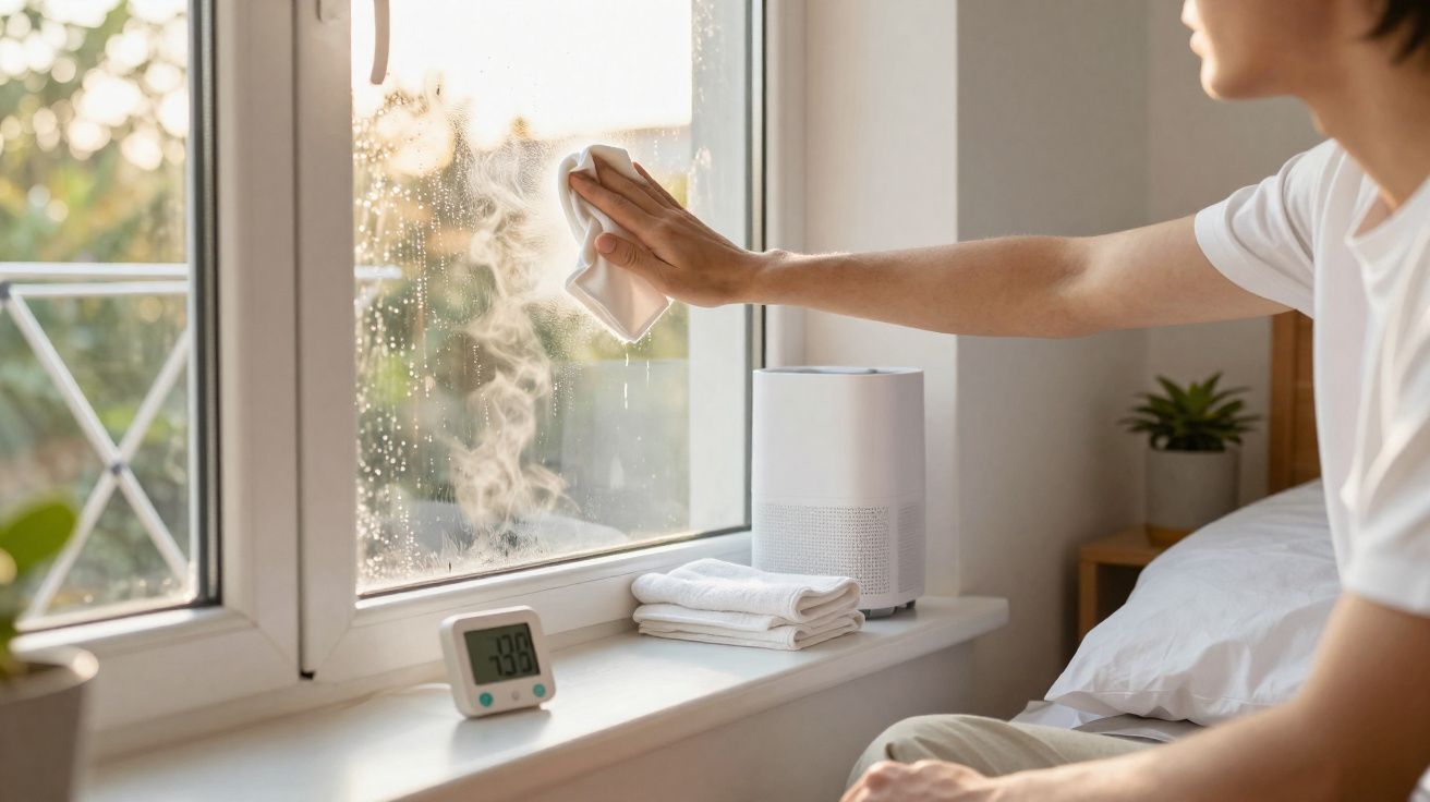 Pessoa limpando janela em quarto com termômetro e umidificador no parapeito da janela.