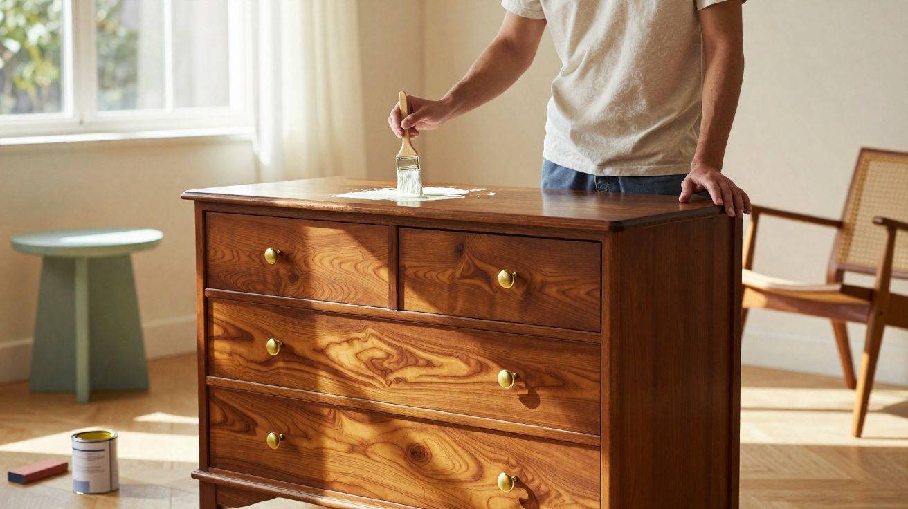 Pessoa aplicando verniz com pincel em cômoda de madeira em ambiente iluminado pela janela.