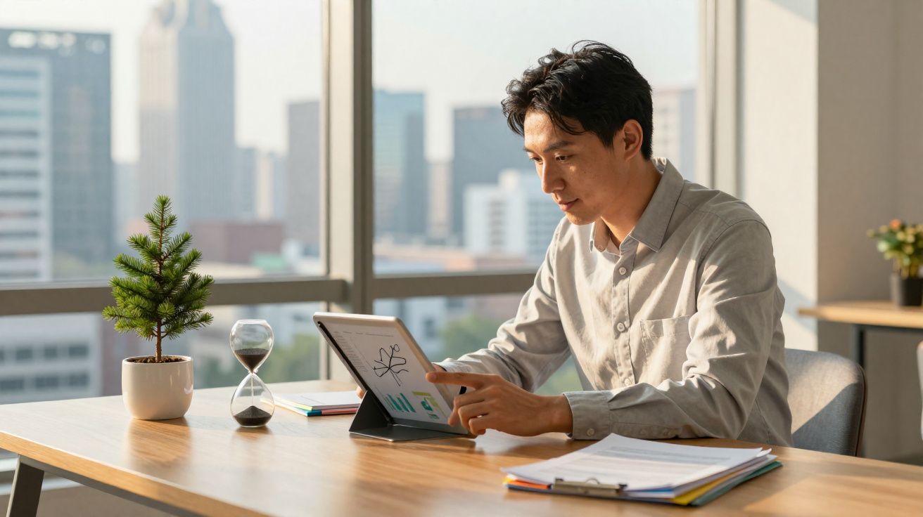 Homem trabalhando com tablet em escritório claro com vista para prédios ao fundo.