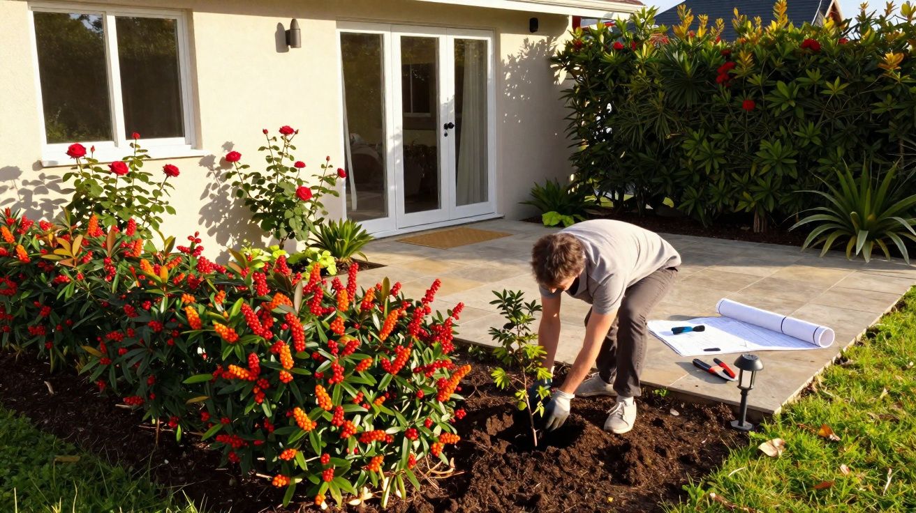 Pessoa plantando muda em jardim com arbustos floridos ao lado de casa com portas de vidro.