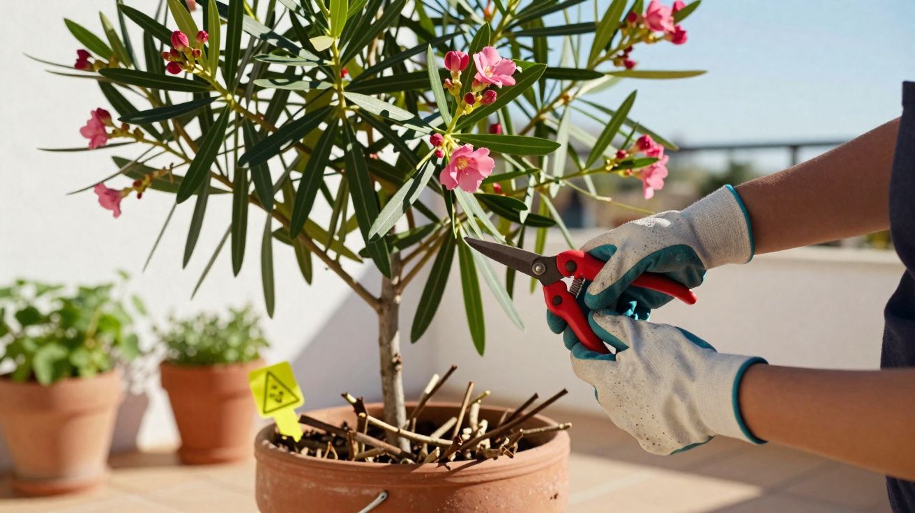 Pessoa podando plantas com luvas e tesoura de jardinagem em vaso com flor rosa ao ar livre.