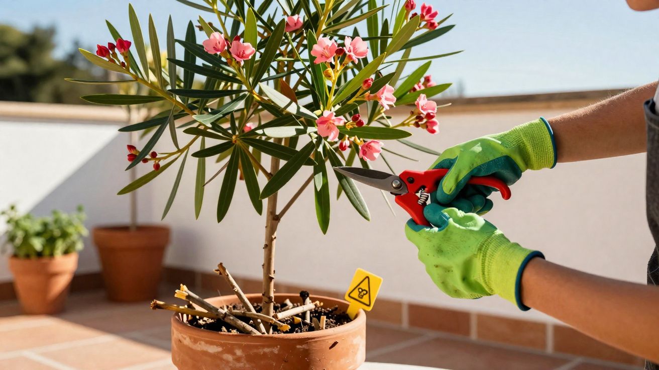 Pessoa com luvas verdes podando planta com flores cor de rosa em vaso de barro em varanda ensolarada.