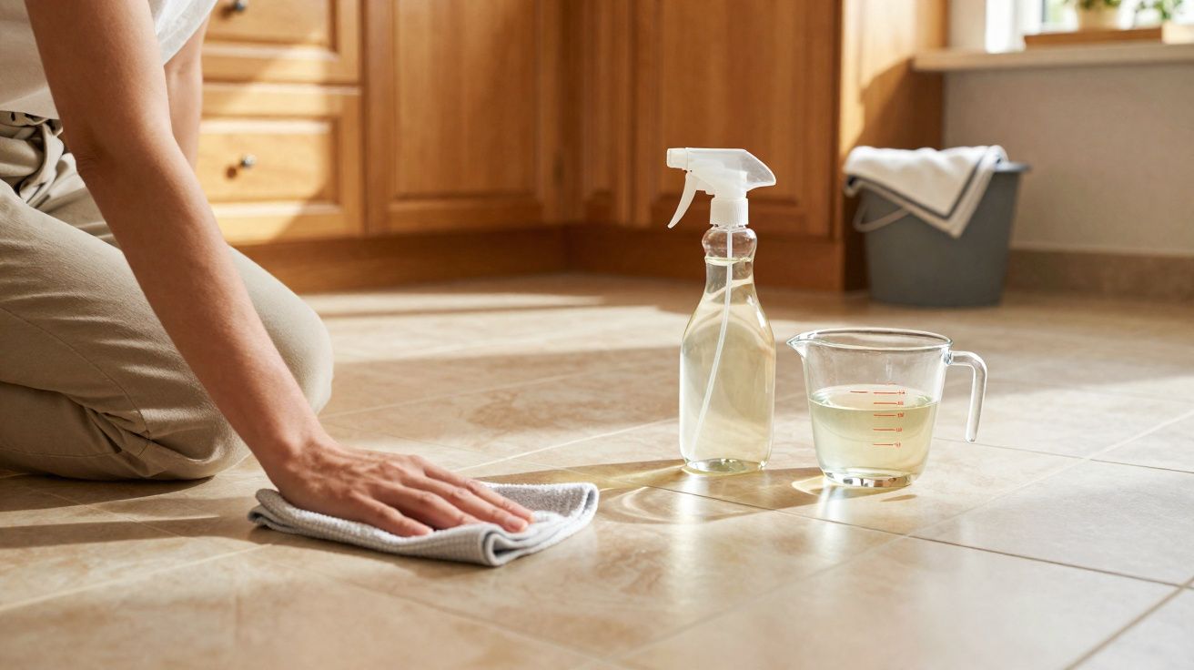 Pessoa limpando chão de azulejo com pano, frasco spray e copo medidor com líquido transparente.