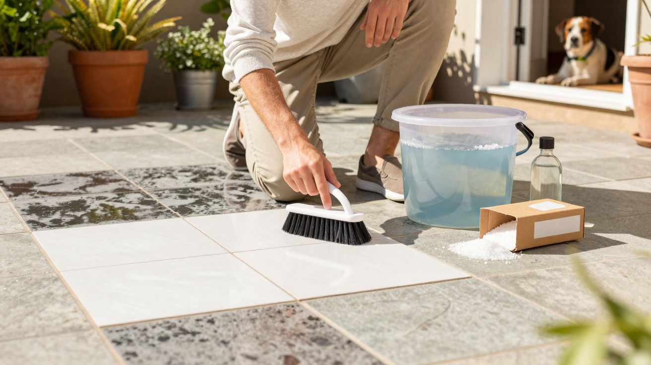 Pessoa limpando rejunte do piso com escova branca, balde com água e material de limpeza ao lado, cachorro observa.