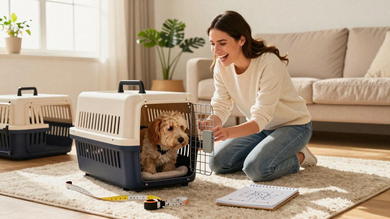 Mulher sorridente abrindo a porta de caixa de transporte para cachorro em sala de estar ensolarada.