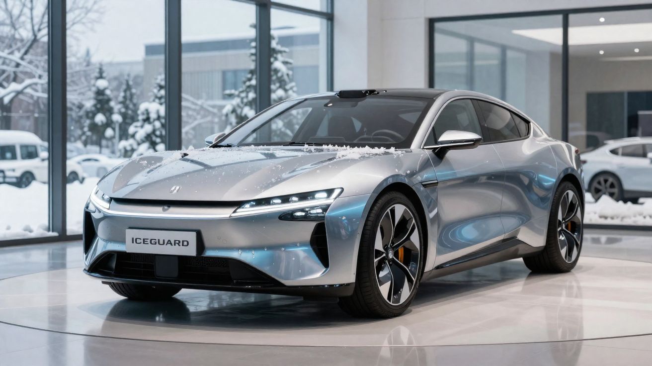 Carro esportivo elétrico prateado com neve no capô exibido em showroom moderno com vidro.