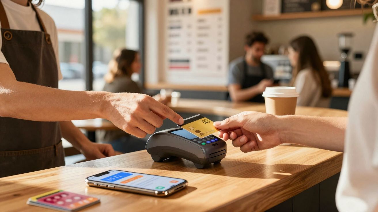Cliente realiza pagamento por aproximação com cartão em cafeteria moderna.