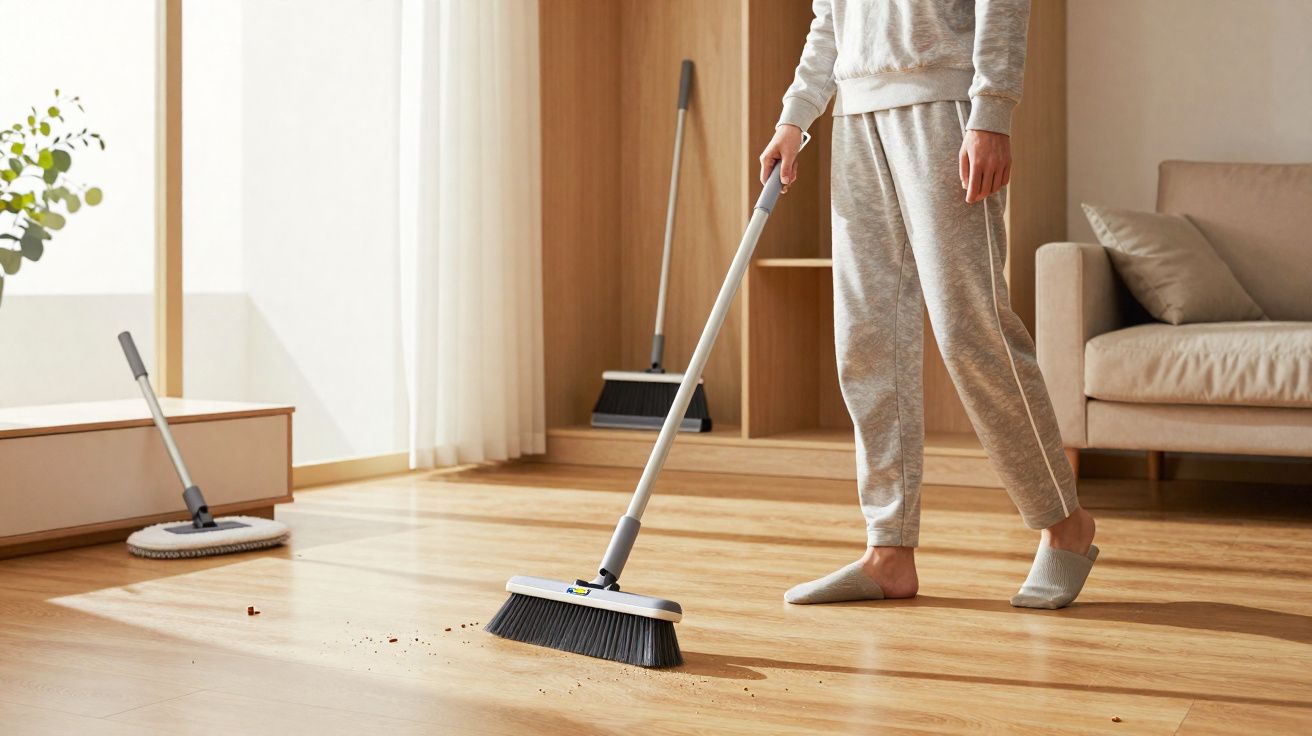 Pessoa varrendo sujeira no chão de madeira de uma sala iluminada com móveis modernos.