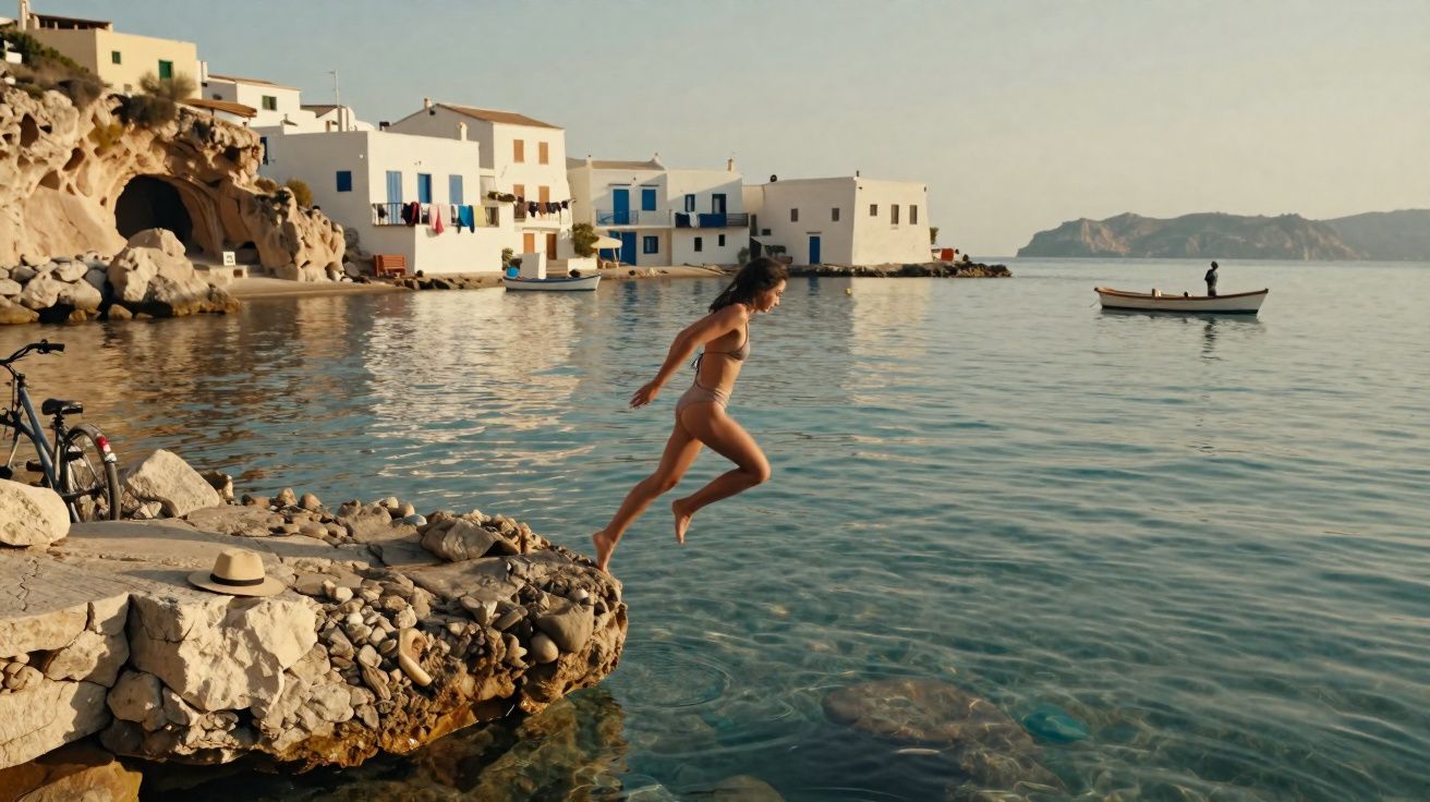 Mulher pulando de um penhasco baixo para o mar claro em vila costeira com casas brancas ao pôr do sol.