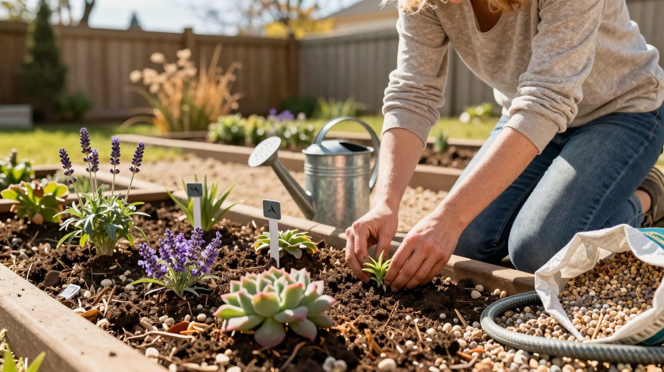 Pessoa plantando mudas em canteiro de jardim com regador e saco de adubo ao lado.